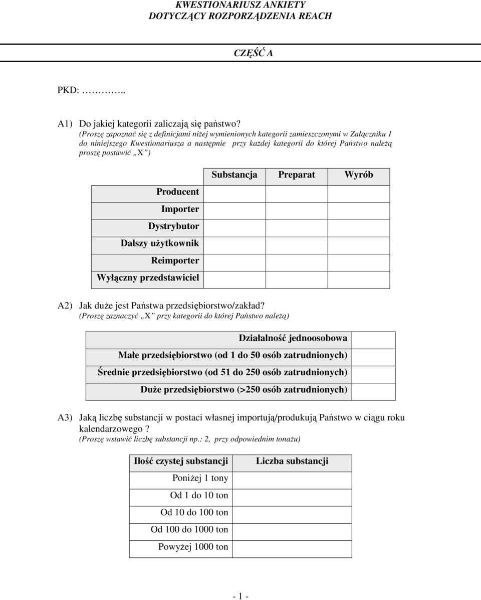 X ) Producent Importer Dystrybutor Dalszy uŝytkownik Reimporter Wyłączny przedstawiciel Substancja Preparat Wyrób A2) Jak duŝe jest Państwa przedsiębiorstwo/zakład?