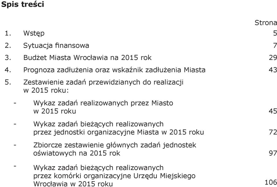 Zestawienie zadań przewidzianych do realizacji w 2015 roku: - Wykaz zadań realizowanych przez Miasto w 2015 roku 45 - Wykaz zadań