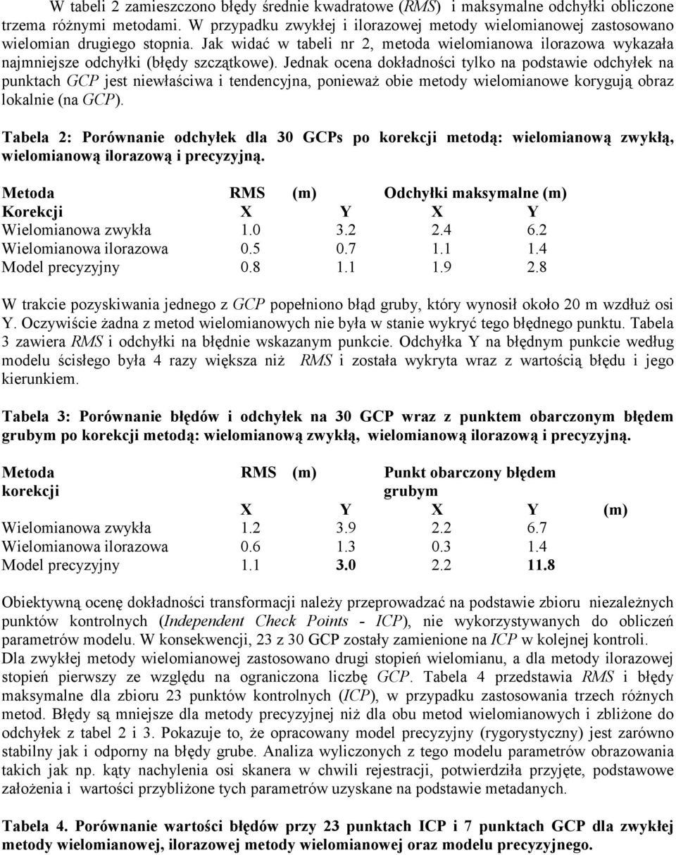 Jednak ocena dokładności tylko na podstawie odchyłek na punktach GCP jest niewłaściwa i tendencyjna, ponieważ obie metody wielomianowe korygują obraz lokalnie (na GCP).