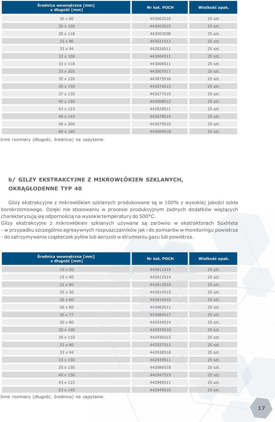 43 x 123 442928511 25 szt. 48 x 145 443078514 25 szt. 48 x 200 443079510 25 szt. 60 x 180 443009518 25 szt. Inne rozmiary (długość, średnica) na zapytanie.