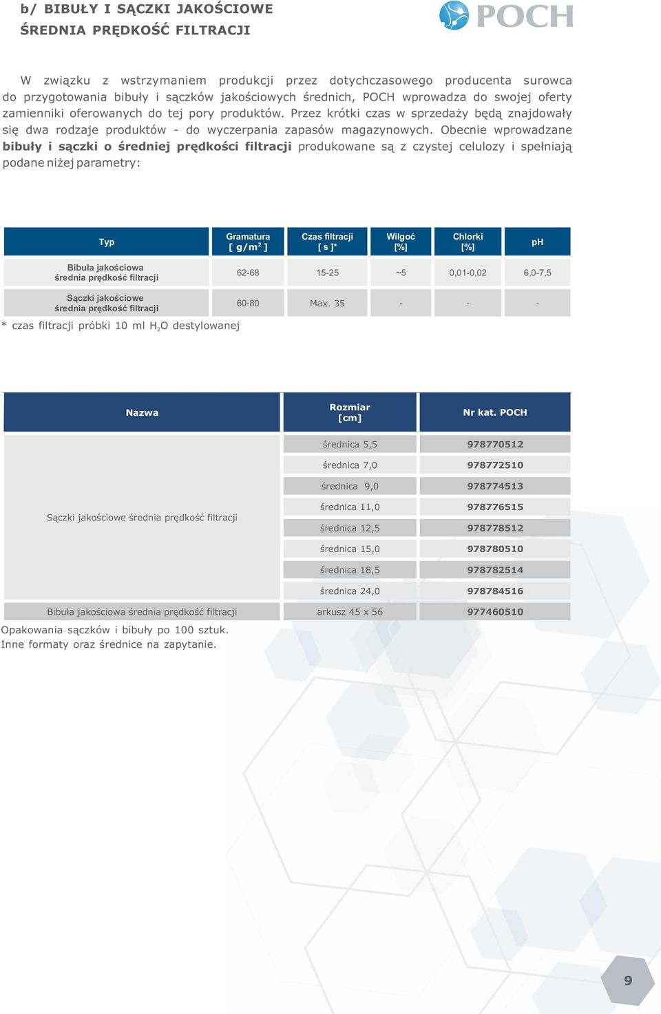 Obecnie wprowadzane bibuły i sączki o średniej prędkości filtracji produkowane są z czystej celulozy i spełniają podane niżej parametry: Typ Gramatura [ g/m 2 ] Czas filtracji [ s ]* Wilgoć [%]