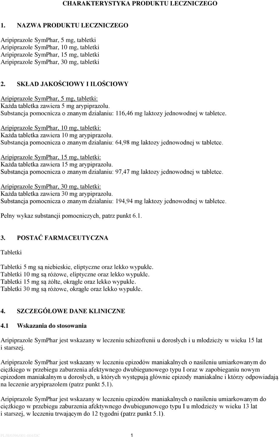 SKŁAD JAKOŚCIOWY I ILOŚCIOWY Aripiprazole SymPhar, 5 mg, tabletki: Każda tabletka zawiera 5 mg arypiprazolu. Substancja pomocnicza o znanym działaniu: 116,46 mg laktozy jednowodnej w tabletce.