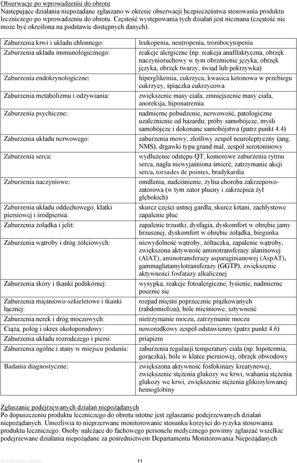 Zaburzenia krwi i układu chłonnego: Zaburzenia układu immunologicznego: Zaburzenia endokrynologiczne: Zaburzenia metabolizmu i odżywiania: Zaburzenia psychiczne: Zaburzenia układu nerwowego: