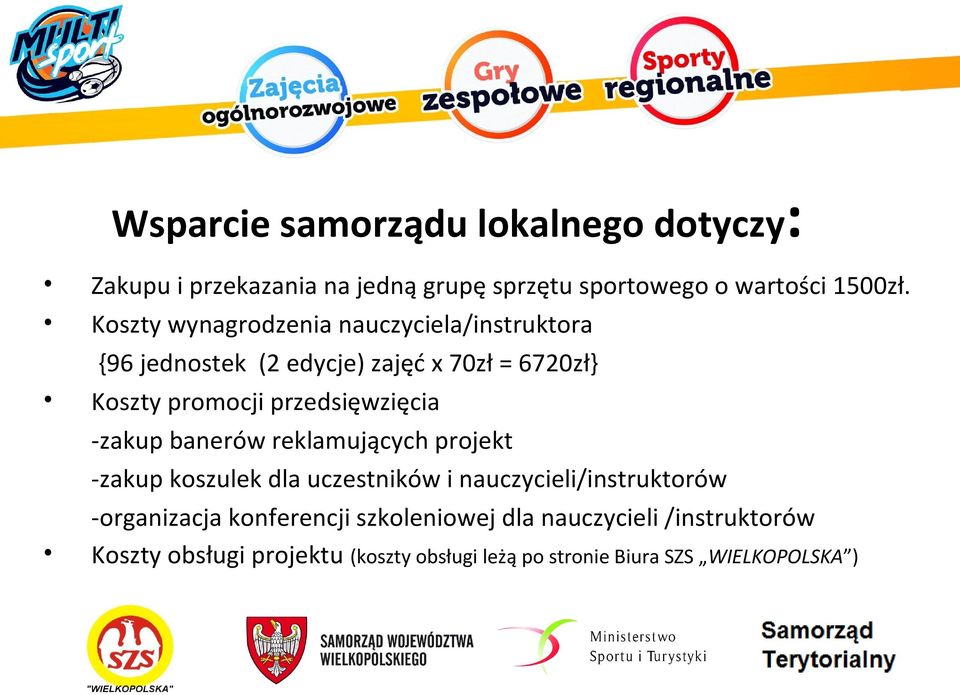 przedsięwzięcia -zakup banerów reklamujących projekt -zakup koszulek dla uczestników i nauczycieli/instruktorów