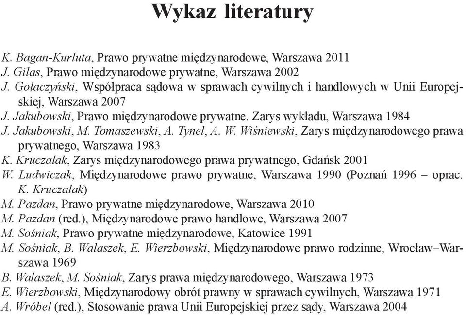 Tomaszewski, A. Tynel, A. W. Wiśniewski, Zarys międzynarodowego prawa prywatnego, Warszawa 1983 K. Kruczalak, Zarys międzynarodowego prawa prywatnego, Gdańsk 2001 W.