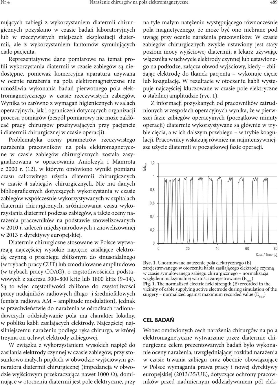 Reprezentatywne dane pomiarowe na temat profili wykorzystania diatermii w czasie zabiegów są niedostępne, ponieważ komercyjna aparatura używana w ocenie narażenia na pola elektromagnetyczne nie