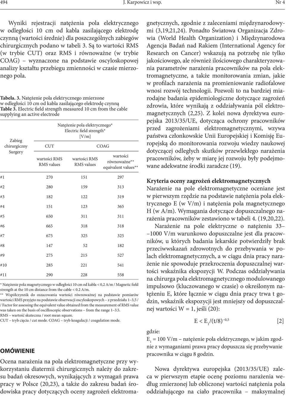 Są to wartości RMS (w trybie CUT) oraz RMS i równoważne (w trybie COAG) wyznaczone na podstawie oscyloskopowej analizy kształtu przebiegu zmienności w czasie mierzonego pola. Tabela. 3.