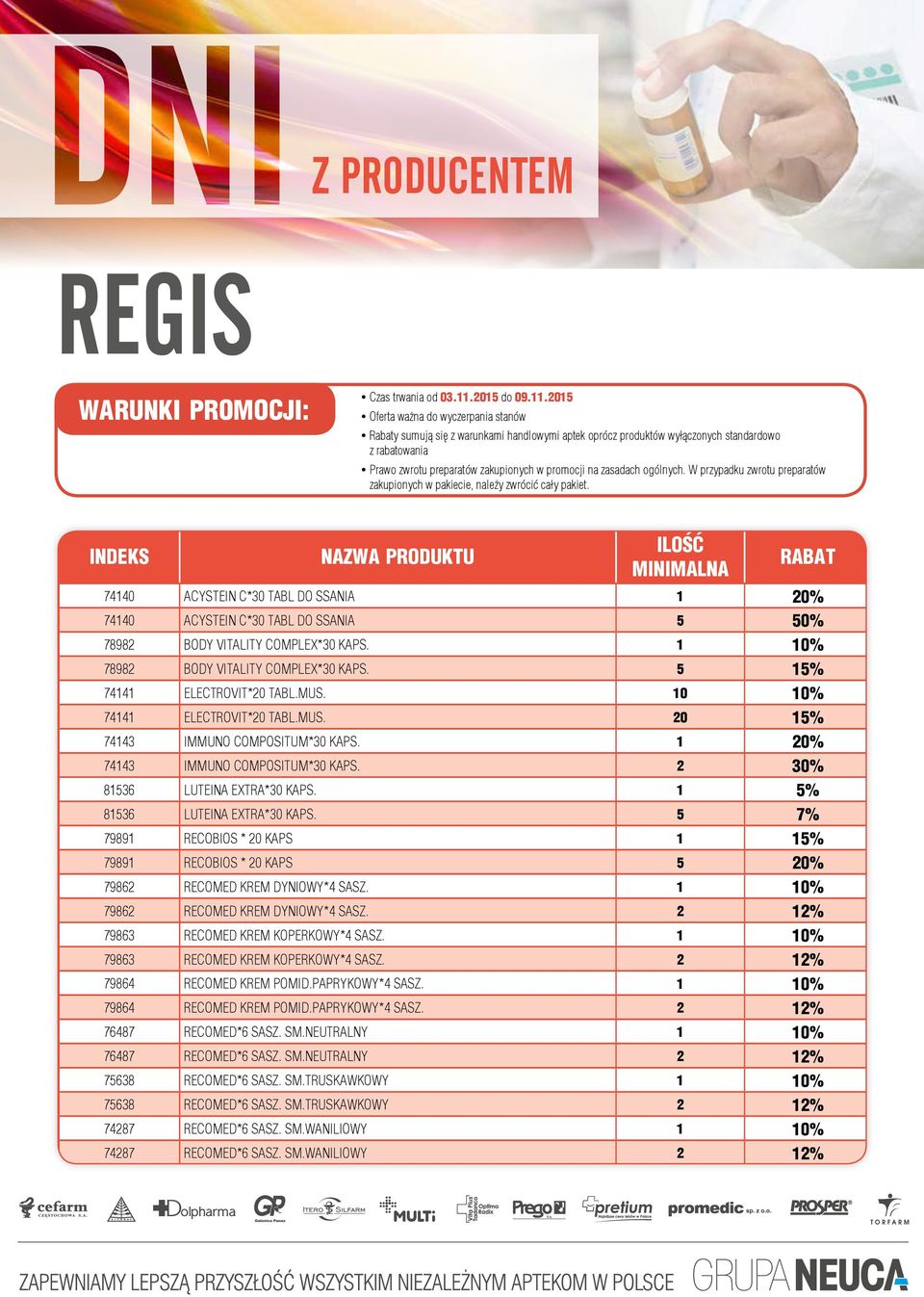 2015 yoferta ważna do wyczerpania stanów yrabaty sumują się z warunkami handlowymi aptek oprócz produktów wyłączonych standardowo z rabatowania yprawo zwrotu preparatów zakupionych w promocji na