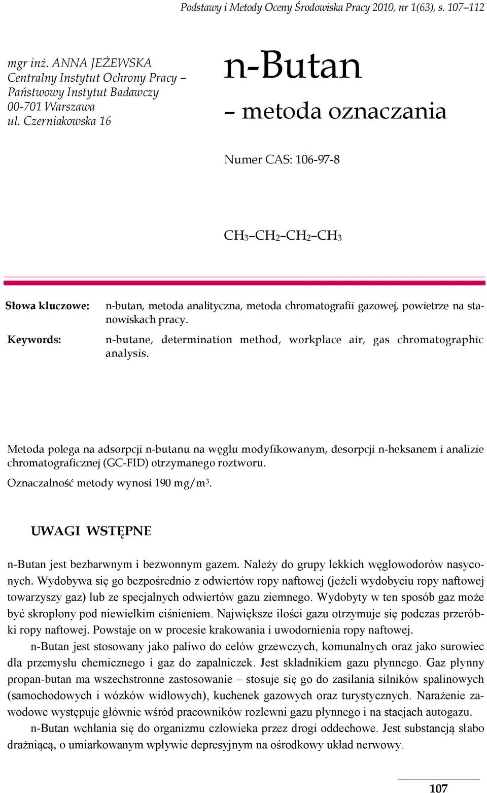 n-butane, determination method, workplace air, gas chromatographic analysis.