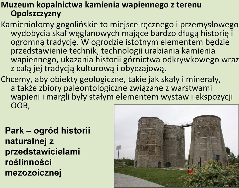 W ogrodzie istotnym elementem będzie przedstawienie technik, technologii urabiania kamienia wapiennego, ukazania historii górnictwa odkrywkowego wraz z całą jej