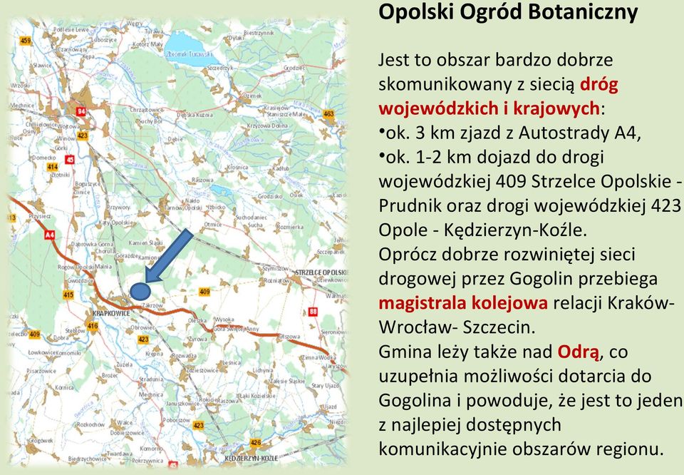 1-2 km dojazd do drogi wojewódzkiej 409 Strzelce Opolskie Prudnik oraz drogi wojewódzkiej 423 Opole - Kędzierzyn-Koźle.