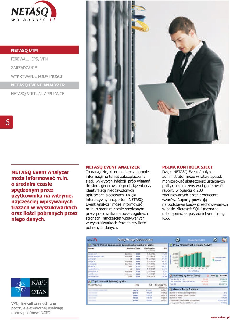 sieciowych. Dzięki interaktywnym raportom NETASQ Event Analyzer może informować m.in. o średnim czasie spędzonym przez pracownika na poszczególnych stronach, najczęściej wpisywanych w wyszukiwarkach frazach czy ilości pobranych danych.
