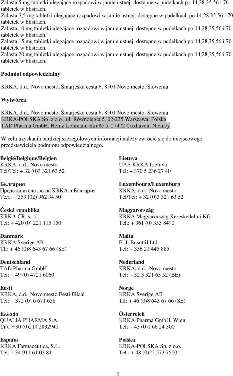 Zalasta 10 mg tabletki ulegające rozpadowi w jamie ustnej: dostępne w pudełkach po 14,28,35,56 i 70 tabletek w blistrach.