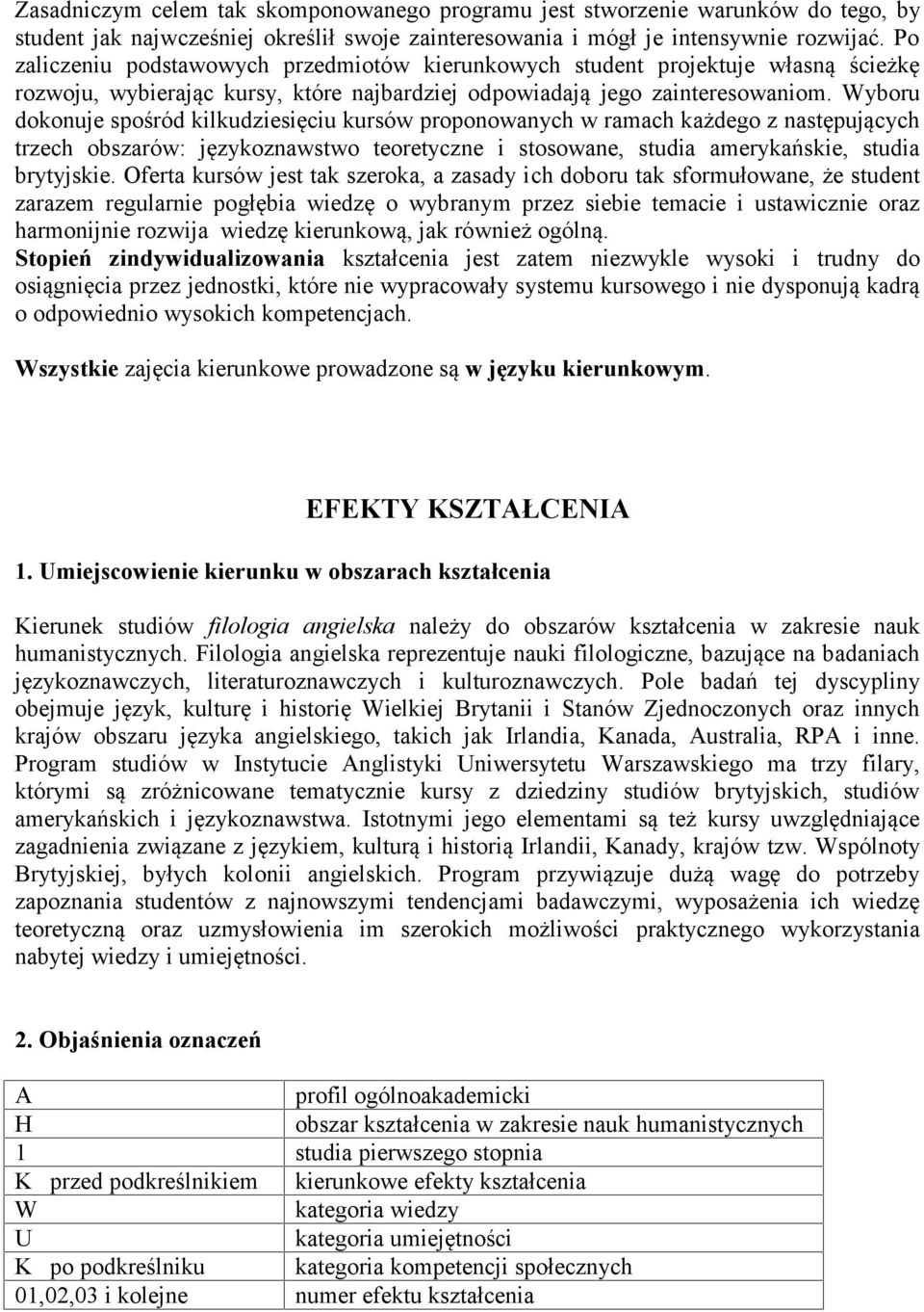 Wyboru dokonuje spośród kilkudziesięciu kursów proponowanych w ramach każdego z następujących trzech obszarów: językoznawstwo teoretyczne i stosowane, studia amerykańskie, studia brytyjskie.