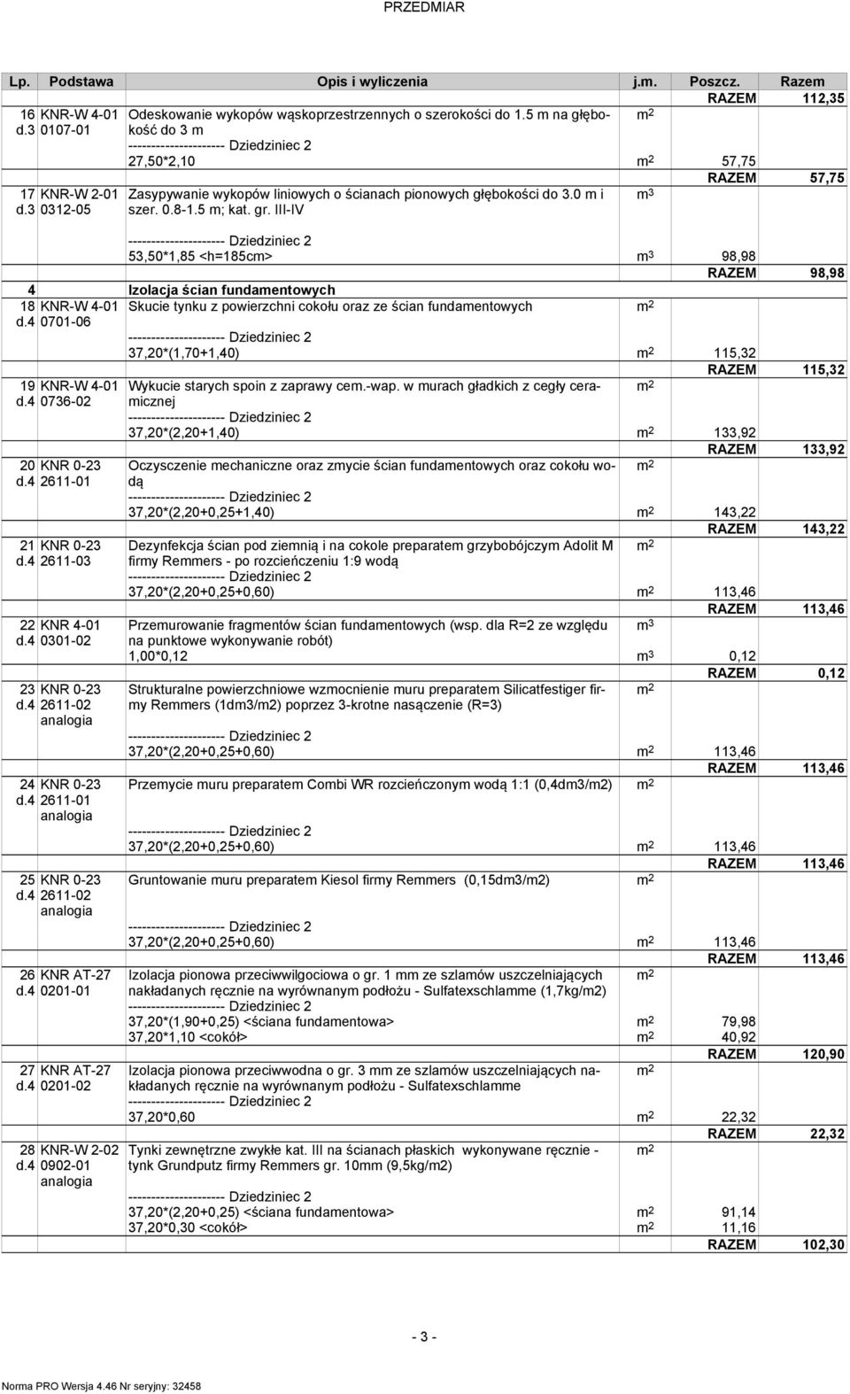 4 53,50*1,85 <h=185cm> 98,98 RAZEM 98,98 4 Izolacja ścian fundamentowych KNR-W 4-01 Skucie tynku z powierzchni cokołu oraz ze ścian fundamentowych 0701-06 19 KNR-W 4-01 d.4 0736-02 20 KNR 0-23 d.