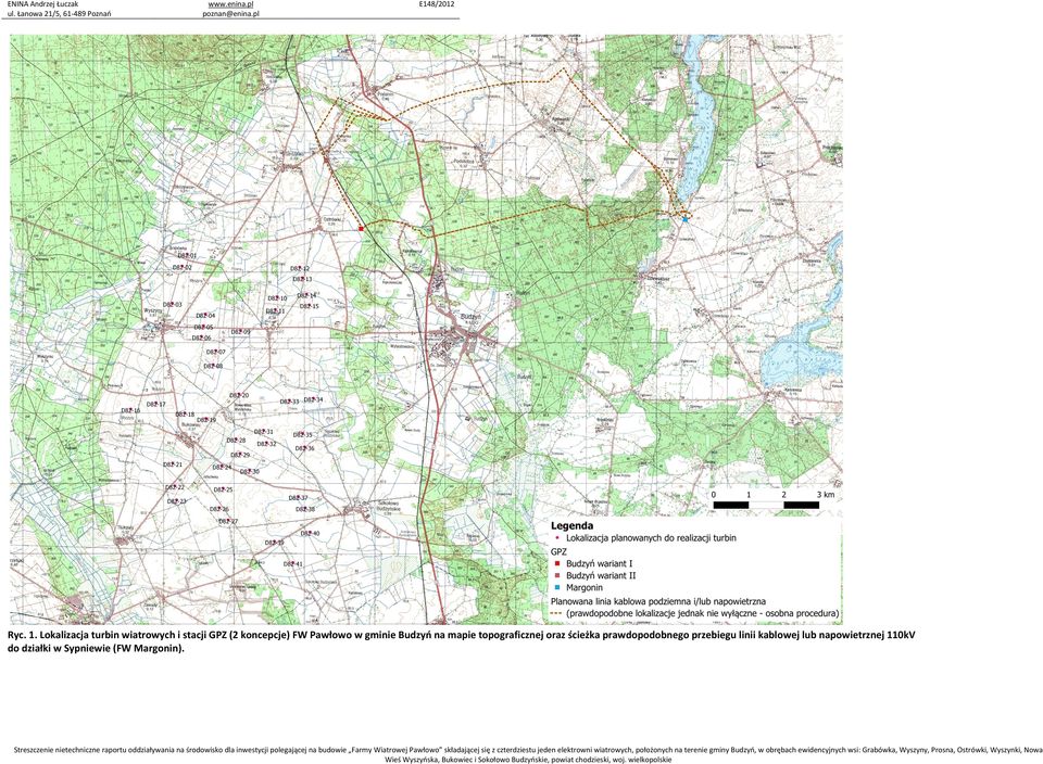 topograficznej oraz ścieżka prawdopodobnego przebiegu linii kablowej lub napowietrznej 110kV do