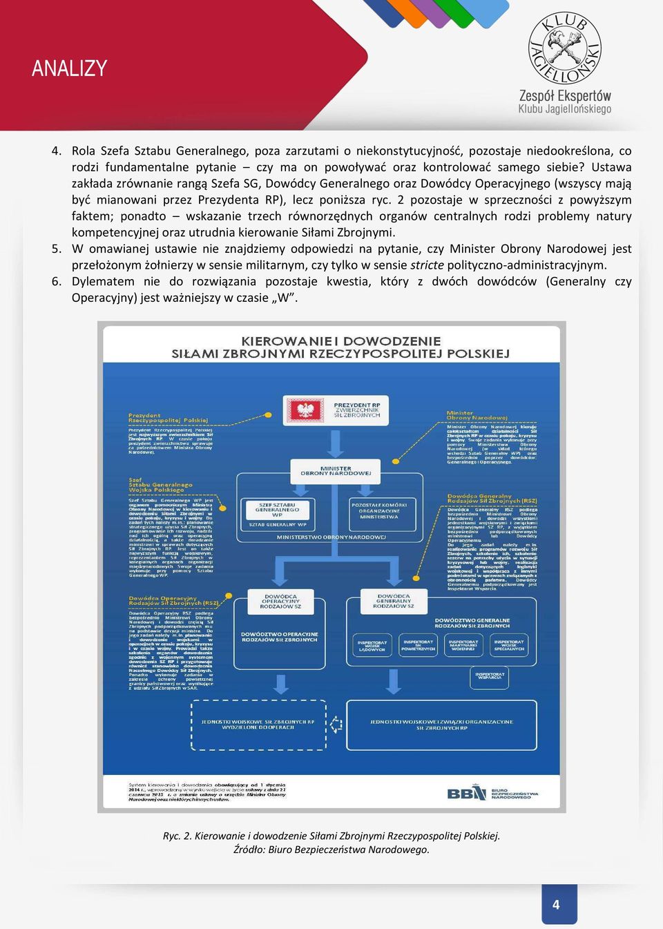 2 pozostaje w sprzeczności z powyższym faktem; ponadto wskazanie trzech równorzędnych organów centralnych rodzi problemy natury kompetencyjnej oraz utrudnia kierowanie Siłami Zbrojnymi. 5.