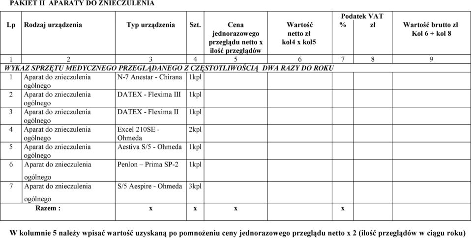 DWA RAZY DO ROKU 1 Aparat do znieczulenia N-7 Anestar - Chirana 1kpl 2 Aparat do znieczulenia DATEX - Flexima III 1kpl 3 Aparat do znieczulenia DATEX - Flexima II 1kpl 4 Aparat do znieczulenia