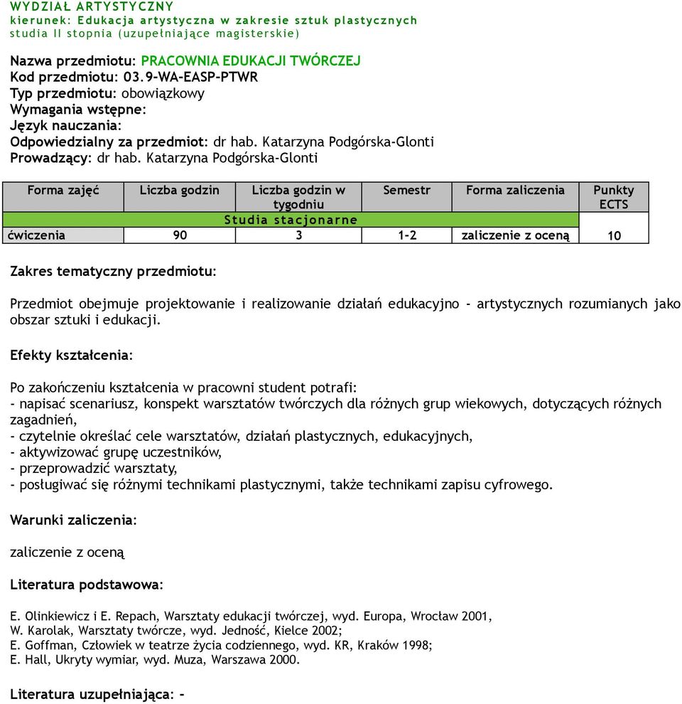 Katarzyna Podgórska-Glonti Forma zajęć Liczba godzin Liczba godzin w tygodniu Semestr Forma zaliczenia Punkty ECTS Studia stacjonarne ćwiczenia 90 3 1-2 zaliczenie z oceną 10 Przedmiot obejmuje