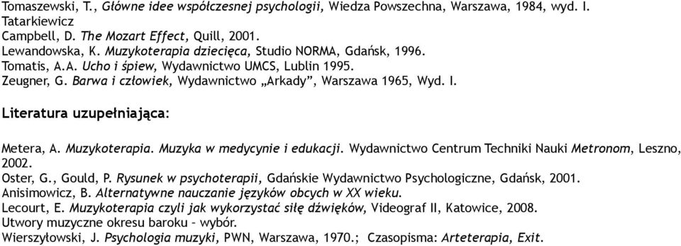 Muzykoterapia. Muzyka w medycynie i edukacji. Wydawnictwo Centrum Techniki Nauki Metronom, Leszno, 2002. Oster, G., Gould, P.