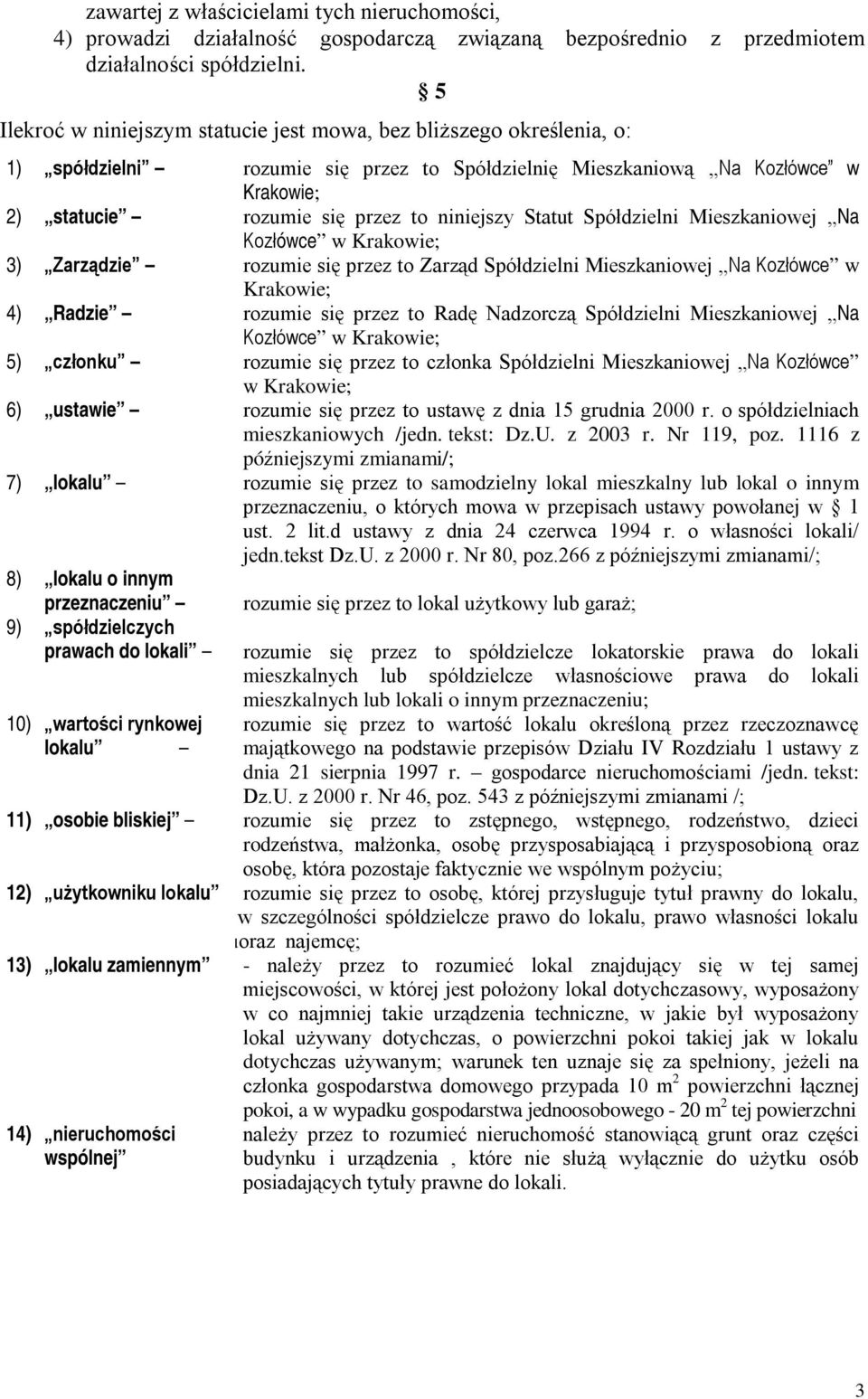 niniejszy Statut Spółdzielni Mieszkaniowej Na Kozłówce w Krakowie; 3) Zarządzie rozumie się przez to Zarząd Spółdzielni Mieszkaniowej Na Kozłówce w Krakowie; 4) Radzie rozumie się przez to Radę