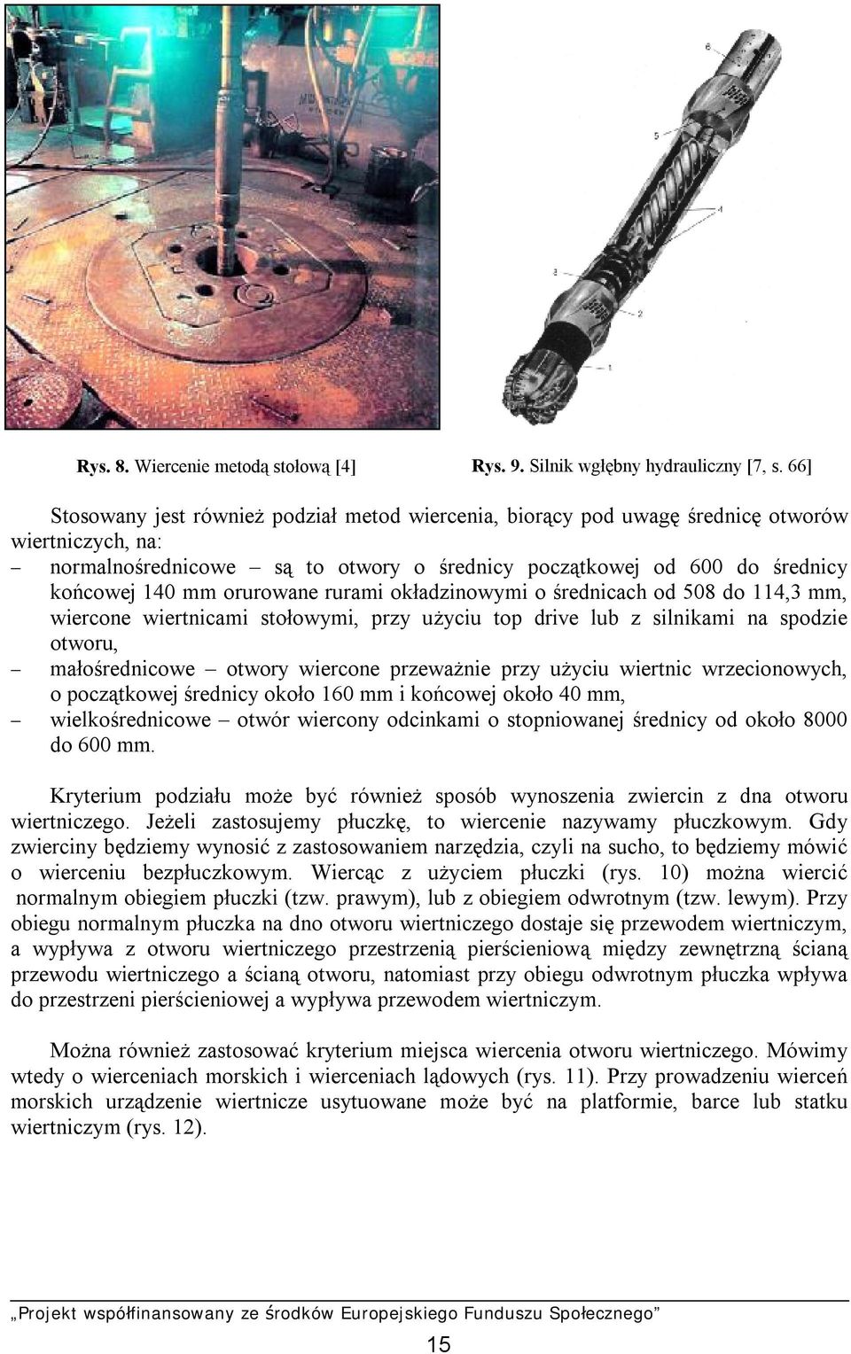 orurowane rurami okładzinowymi o średnicach od 508 do 114,3 mm, wiercone wiertnicami stołowymi, przy użyciu top drive lub z silnikami na spodzie otworu, - małośrednicowe otwory wiercone przeważnie