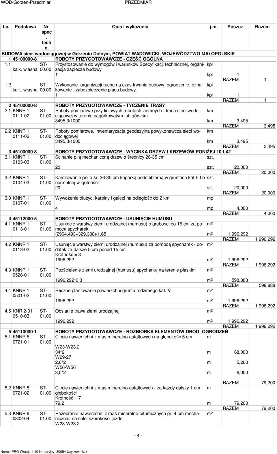 budowy 1 kpl 1 RAZEM 1 2 45100000-8 ROBOTY PRZYGOTOWAWCZE - TYCZENIE TRASY 21 KNNR 1 Roboty pomiarowe przy liniowych robotach ziemnych - trasa sieci wodociągowej km 0111-02 w terenie pagórkowatym lub