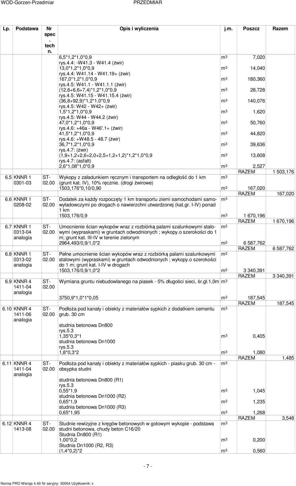 (36,8+92,9)*1,2*1,0*0,9 m 3 140,076 rys45: W42 - W42+ (żwir) 1,5*1,2*1,0*0,9 m 3 1,620 rys45: W44 - W442 (żwir) 47,0*1,2*1,0*0,9 m 3 50,760 rys46: +46a - W46'1+ (żwir) 41,5*1,2*1,0*0,9 m 3 44,820