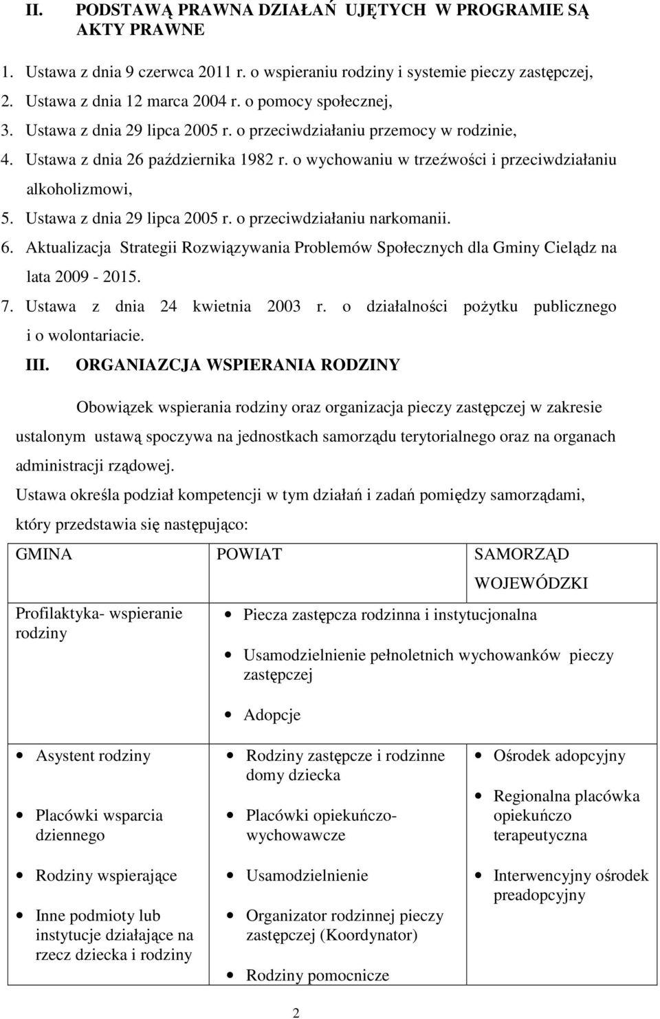 Ustawa z dnia 29 lipca 2005 r. o przeciwdziałaniu narkomanii. 6. Aktualizacja Strategii Rozwiązywania Problemów Społecznych dla Gminy Cielądz na lata 2009-2015. 7. Ustawa z dnia 24 kwietnia 2003 r.