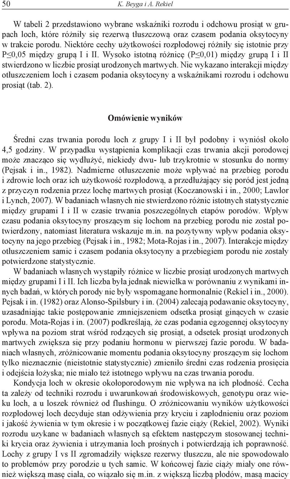 Nie wykazano interakcji między otłuszczeniem loch i czasem podania oksytocyny a wskaźnikami rozrodu i odchowu prosiąt (tab. 2).