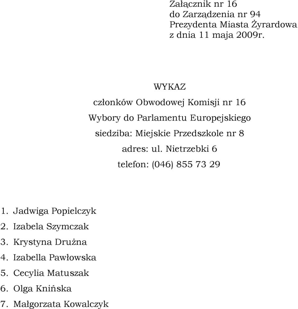 Jadwiga Popielczyk 2. Izabela Szymczak 3. Krystyna Drużna 4.