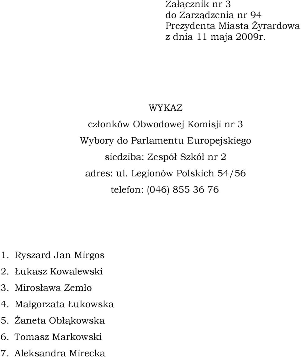 Ryszard Jan Mirgos 2. Łukasz Kowalewski 3. Mirosława Zemło 4.