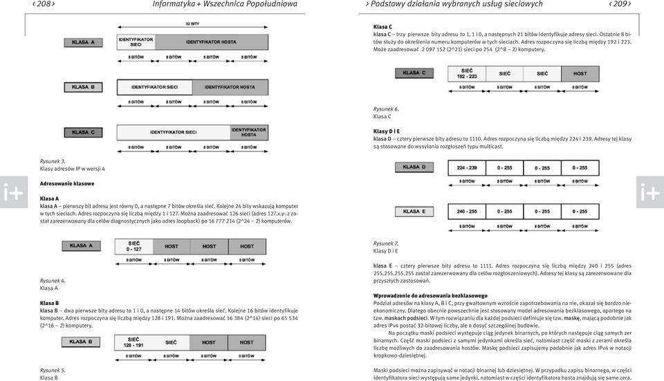 Rysunek 3. Klasy adresów IP w wersji 4 Adresowanie klasowe Klasa A klasa A pierwszy bit adresu jest równy 0, a następne 7 bitów określa sieć. Kolejne 24 bity wskazują komputer w tych sieciach.