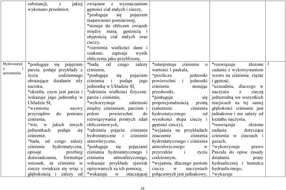 doświadczenia, formułuje wniosek, że ciśnienie w cieczy zwiększa się wraz z głębokością i zależy od związane z wyznaczaniem gęstości ciał stałych i cieczy, niepewności pomiarowej, *stosuje do