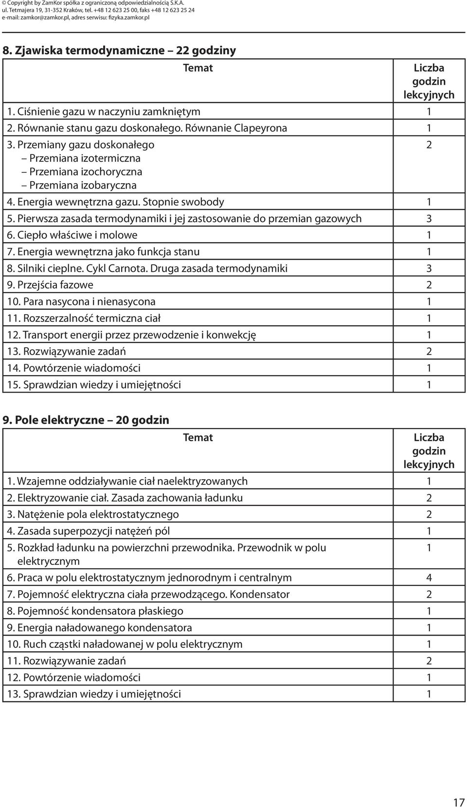 Pierwsza zasada termodynamiki i jej zastosowanie do przemian gazowych 3 6. Ciepło właściwe i molowe 1 7. Energia wewnętrzna jako funkcja stanu 1 8. Silniki cieplne. Cykl Carnota.