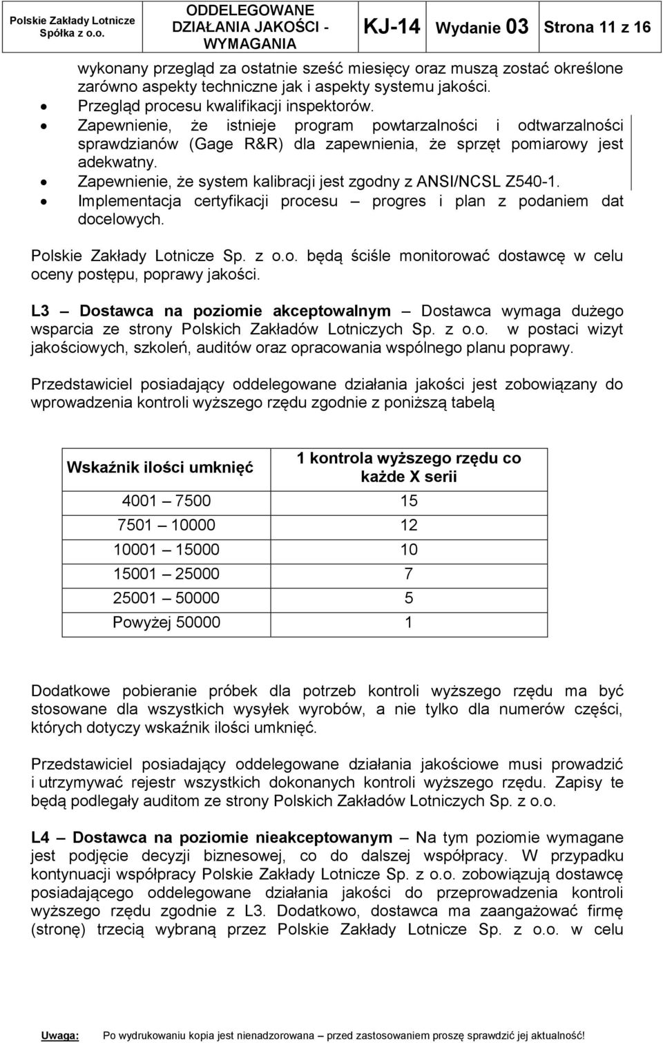 Zapewnienie, że system kalibracji jest zgodny z ANSI/NCSL Z540-1. Implementacja certyfikacji procesu progres i plan z podaniem dat docelowych. Polskie Zakłady Lotnicze Sp. z o.o. będą ściśle monitorować dostawcę w celu oceny postępu, poprawy jakości.