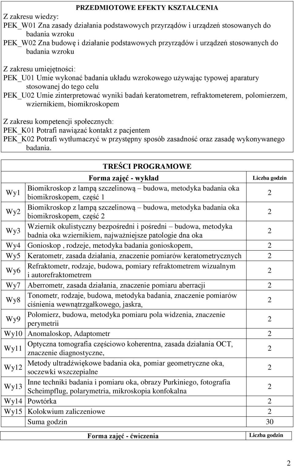 badań keratometrem, refraktometerem, polomierzem, wziernikiem, biomikroskopem Z zakresu kompetencji społecznych: PEK_K01 Potrafi nawiązać kontakt z pacjentem PEK_K0 Potrafi wytłumaczyć w przystępny