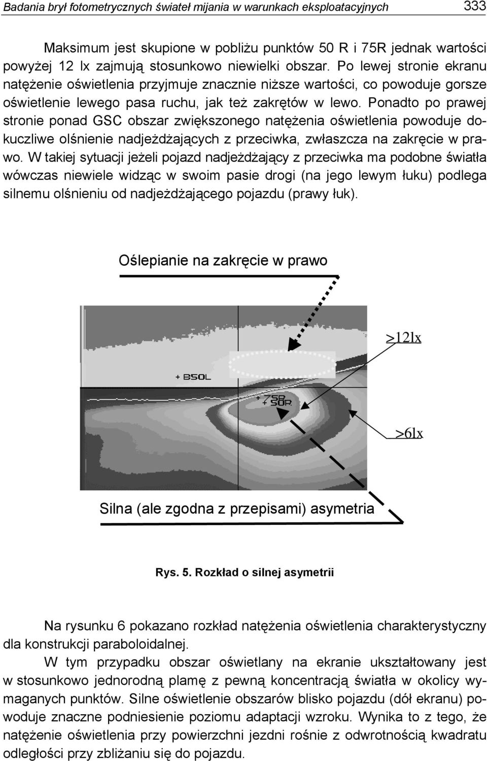 Ponadto po prawej stronie ponad GSC obszar zwiększonego natężenia oświetlenia powoduje dokuczliwe olśnienie nadjeżdżających z przeciwka, zwłaszcza na zakręcie w prawo.