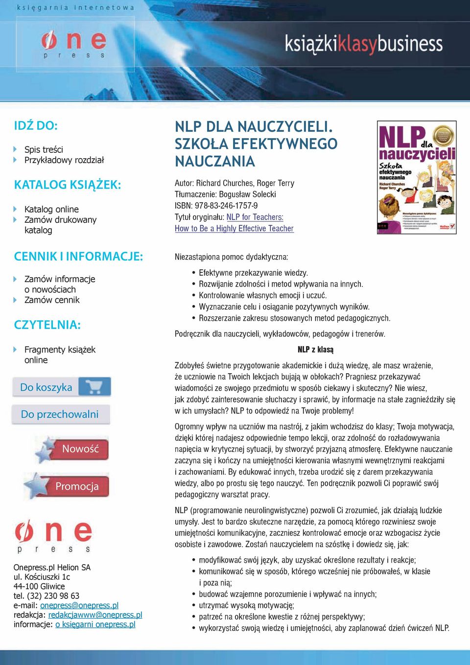 pl informacje: o księgarni onepress.pl NLP DLA NAUCZYCIELI.