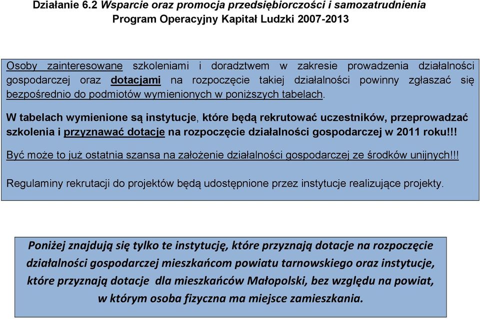 gospodarczej oraz dotacjami na rozpoczęcie takiej działalności powinny zgłaszać się bezpośrednio do podmiotów wymienionych w poniższych tabelach.