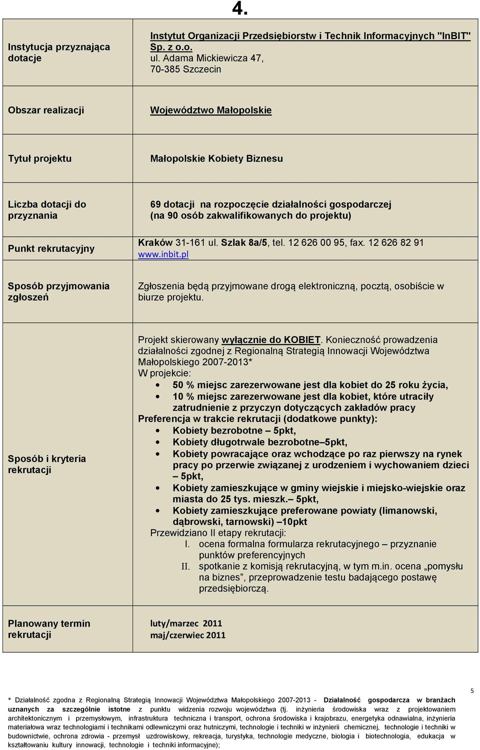 12 626 00 95, fax. 12 626 82 91 www.inbit.pl Zgłoszenia będą przyjmowane drogą elektroniczną, pocztą, osobiście w biurze projektu. Sposób i kryteria Projekt skierowany wyłącznie do KOBIET.