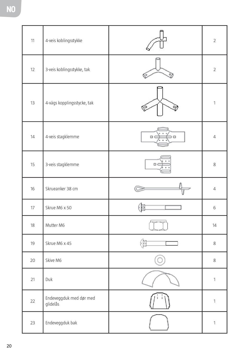Skrueanker 38 cm 4 17 Skrue M6 x 50 6 18 Mutter M6 14 19 Skrue M6 x 45 8 20