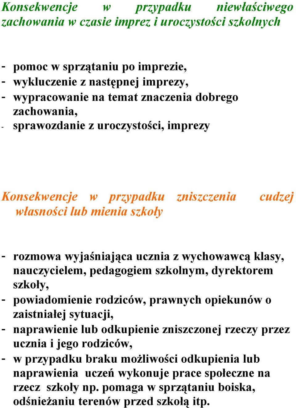 klasy, nauczycielem, pedagogiem szkolnym, dyrektorem szkoły, - powiadomienie rodziców, prawnych opiekunów o zaistniałej sytuacji, - naprawienie lub odkupienie zniszczonej rzeczy przez