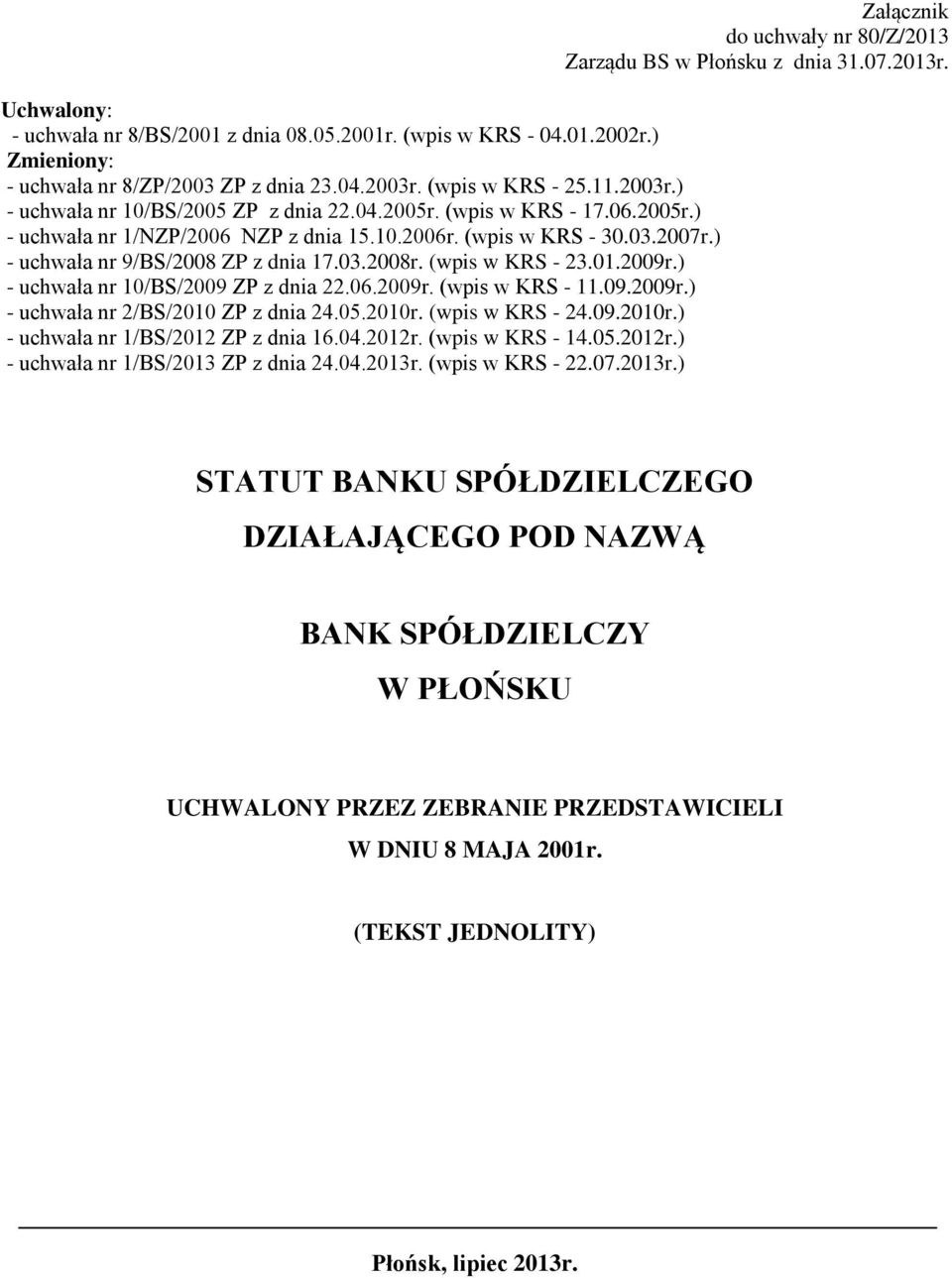 ) - uchwała nr 10/BS/2009 ZP z dnia 22.06.2009r. (wpis w KRS - 11.09.2009r.) - uchwała nr 2/BS/2010 ZP z dnia 24.05.2010r. (wpis w KRS - 24.09.2010r.) - uchwała nr 1/BS/2012 ZP z dnia 16.04.2012r.