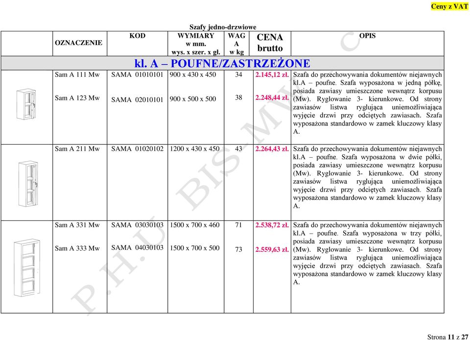 Szafa wyposażona w jedną półkę, posiada zawiasy umieszczone wewnątrz korpusu (Mw). Ryglowanie 3- kierunkowe.