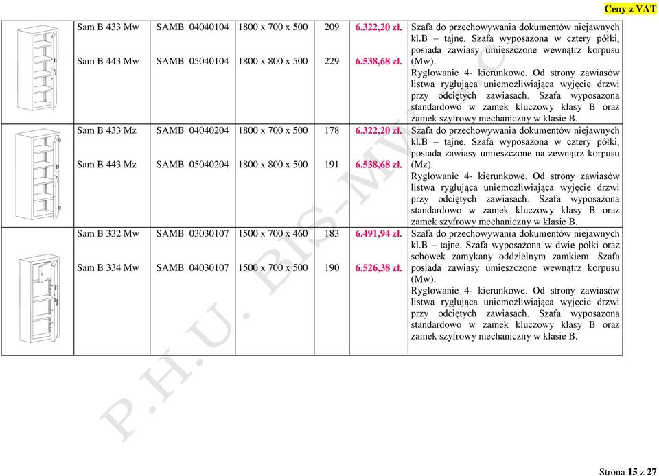 Szafa wyposażona w cztery półki, posiada zawiasy umieszczone wewnątrz korpusu (Mw). listwa ryglująca uniemożliwiająca wyjęcie drzwi przy odciętych zawiasach. Szafa wyposażona kl.b tajne.