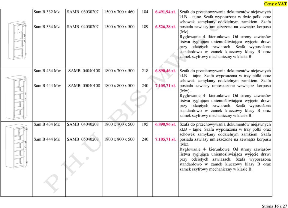 listwa ryglująca uniemożliwiająca wyjęcie drzwi przy odciętych zawiasach. Szafa wyposażona Sam B 434 Mw Sam B 444 Mw SAMB 04040108 SAMB 05040108 1800 x 700 x 500 1800 x 800 x 500 218 240 6.890,46 zł.