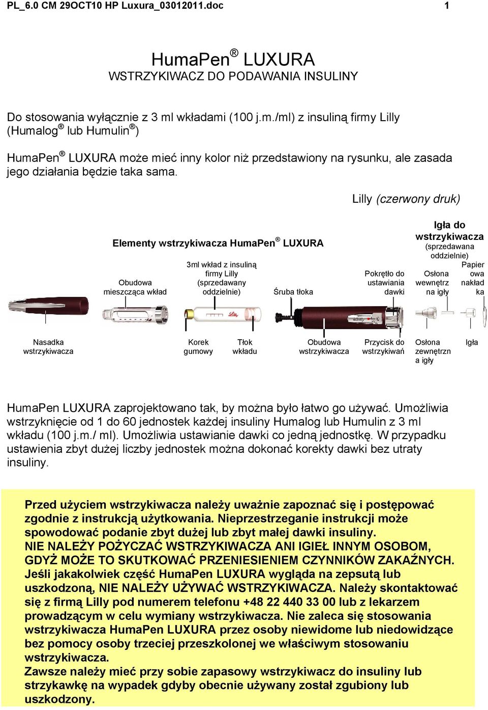 wkładami (100 j.m./ml) z insuliną firmy Lilly (Humalog lub Humulin ) HumaPen LUXURA może mieć inny kolor niż przedstawiony na rysunku, ale zasada jego działania będzie taka sama.
