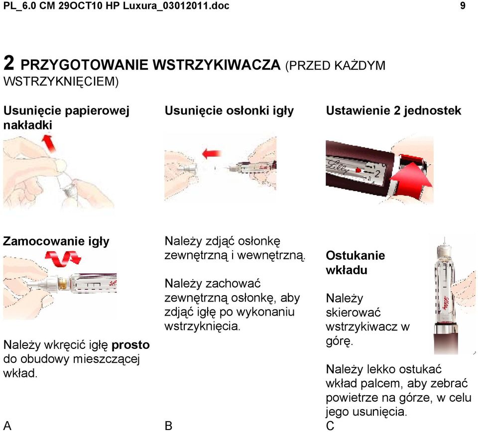 jednostek Zamocowanie igły Należy wkręcić igłę prosto do obudowy mieszczącej wkład. Należy zdjąć osłonkę zewnętrzną i wewnętrzną.