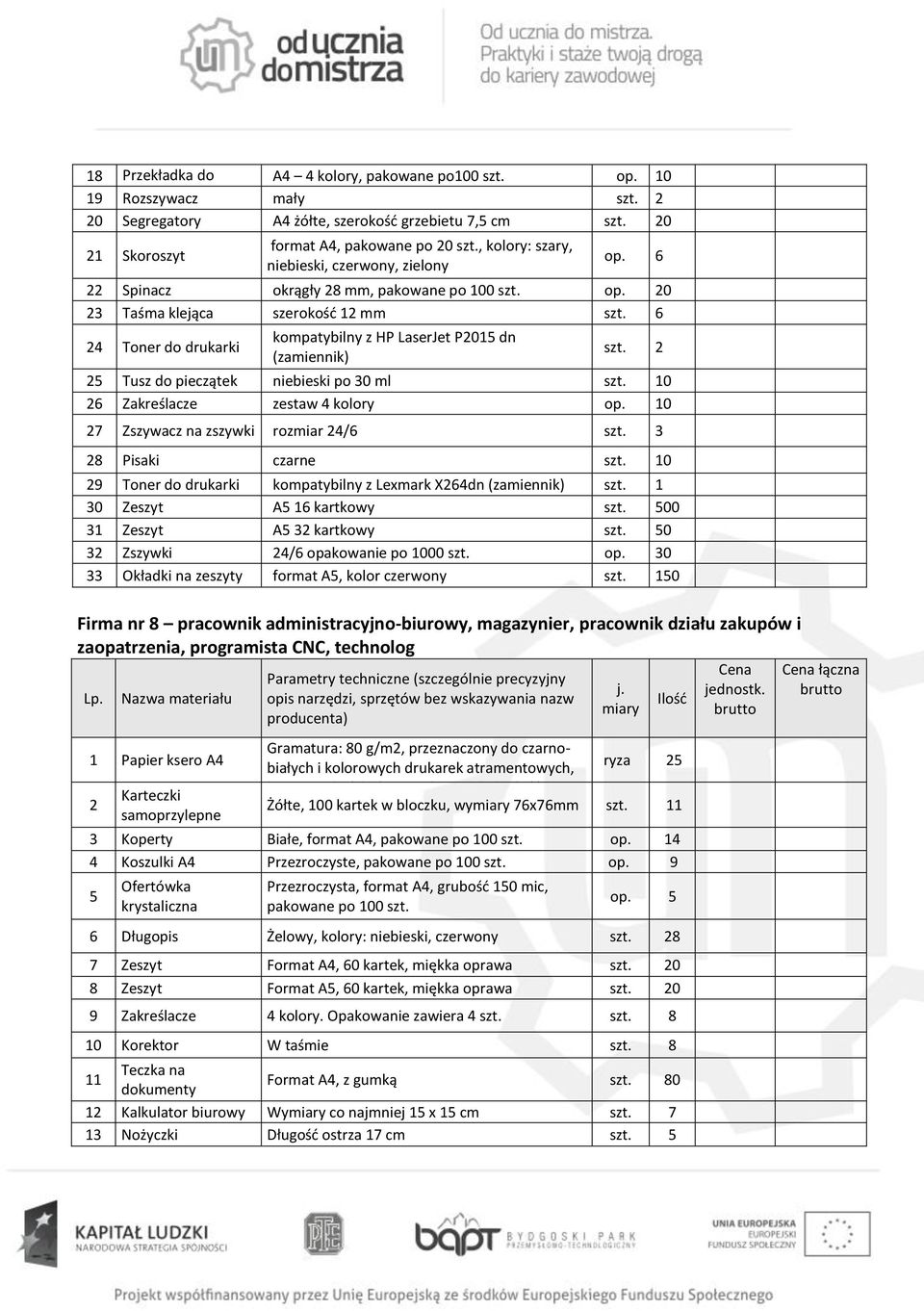 6 24 Toner do drukarki kompatybilny z HP LaserJet P2015 dn (zamiennik) 25 Tusz do pieczątek niebieski po 30 ml 0 26 Zakreślacze zestaw 4 kolory op. 10 27 Zszywacz na zszywki rozmiar 24/6 szt.